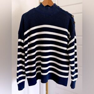 Women's Navy White Breton Stripe Nautical Knit Sweater Mock Neck Size M‎ Classic